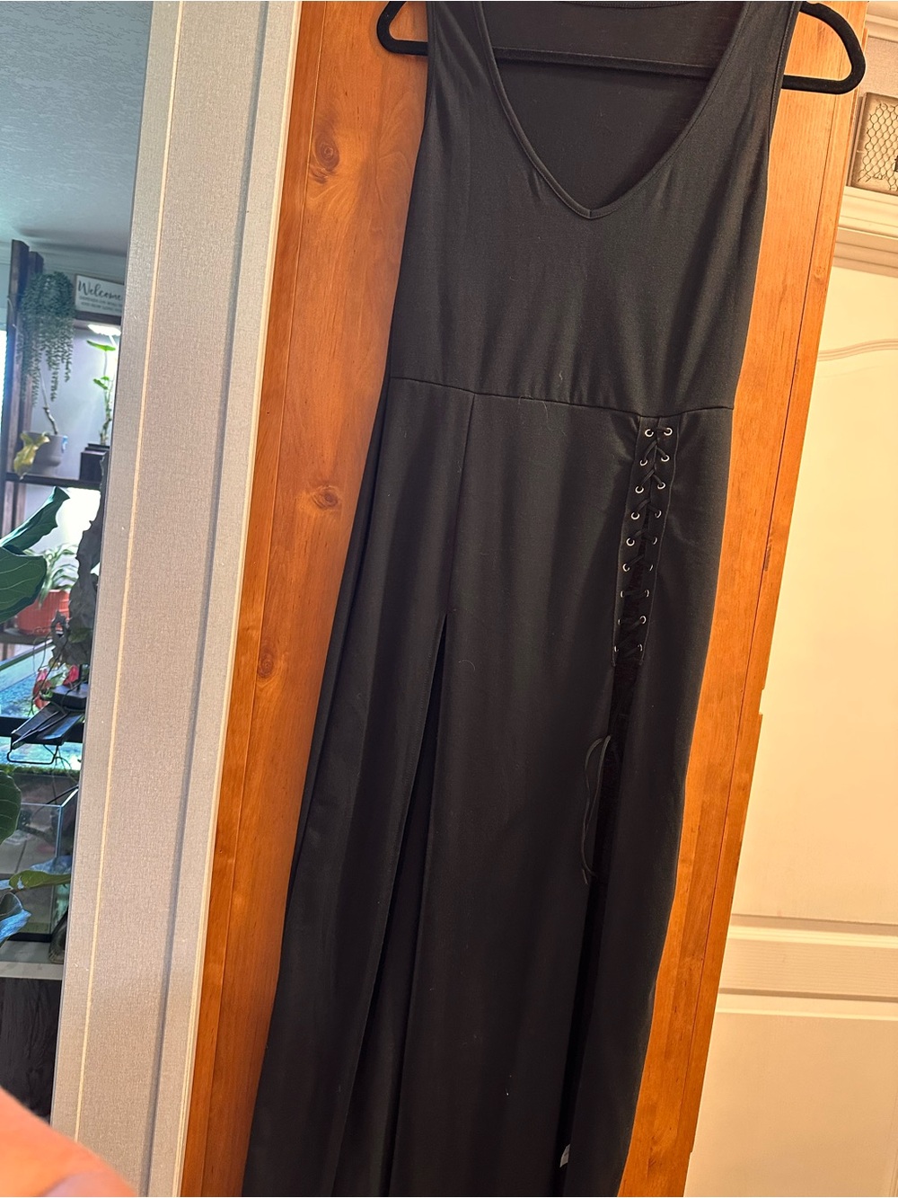 Black V-Neck Sleeveless Maxi Dress with Side Lace-Up